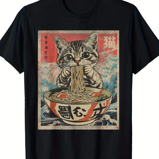 1pc Kawaii Cat Ramen Anime T Shirt For Men Fabric