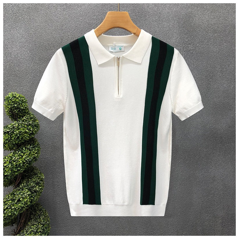 Contrast Color Lapels Half Zipper Knitted Short Sleeve - Image 6
